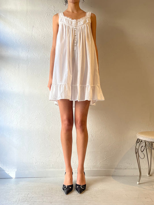 90s ‘Eileen West’ White Cotton Mini Dress / Large