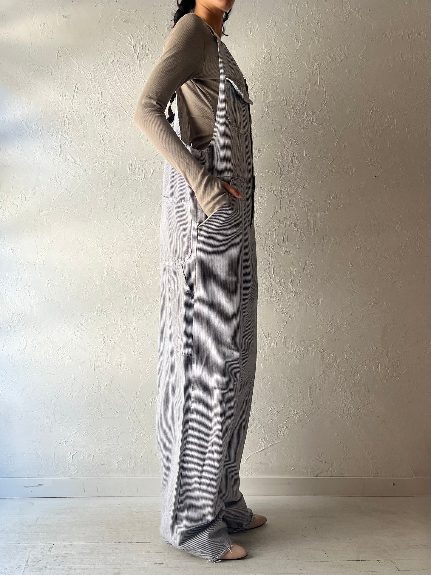 80s 'GWG' Pinstripe Denim Work Wear Overalls / Large