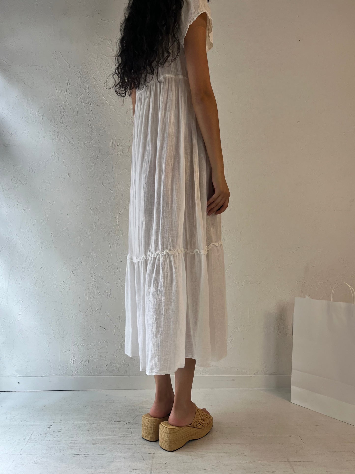 70s 'Juli' White Cotton Gauze Dress / Union Made / Small