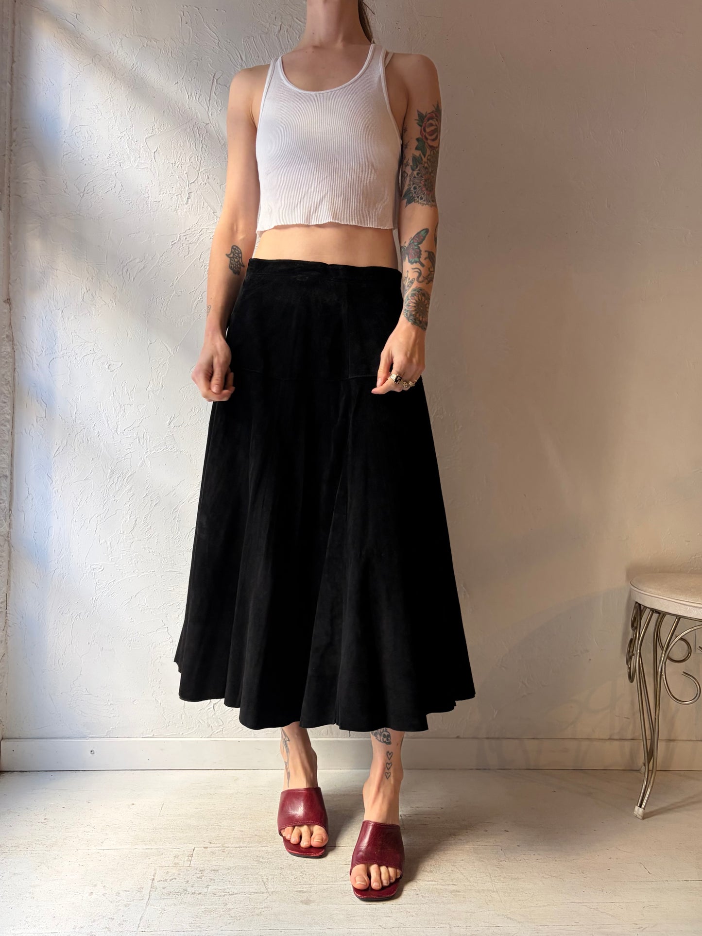 80s 'Maglia' Black Suede Leather Midi Skirt / Medium