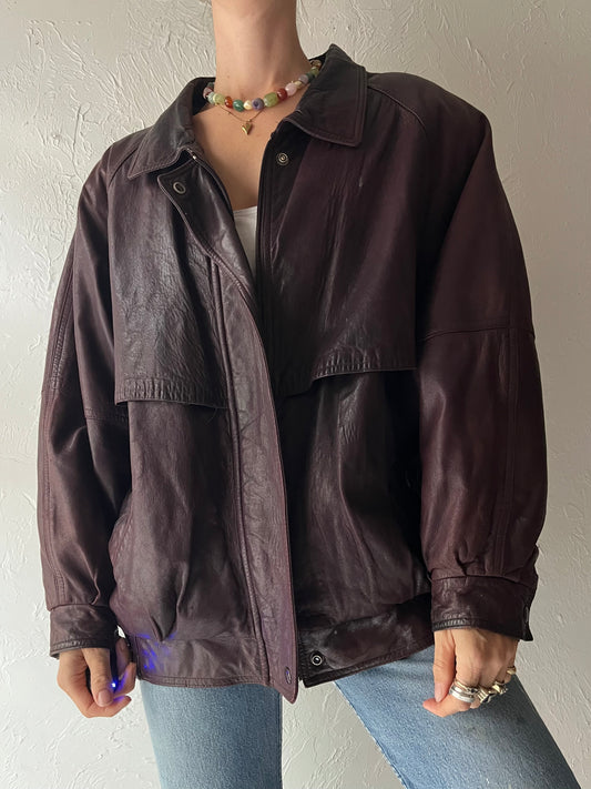 Vintage Burgundy Leather Bomber Jacket / Medium