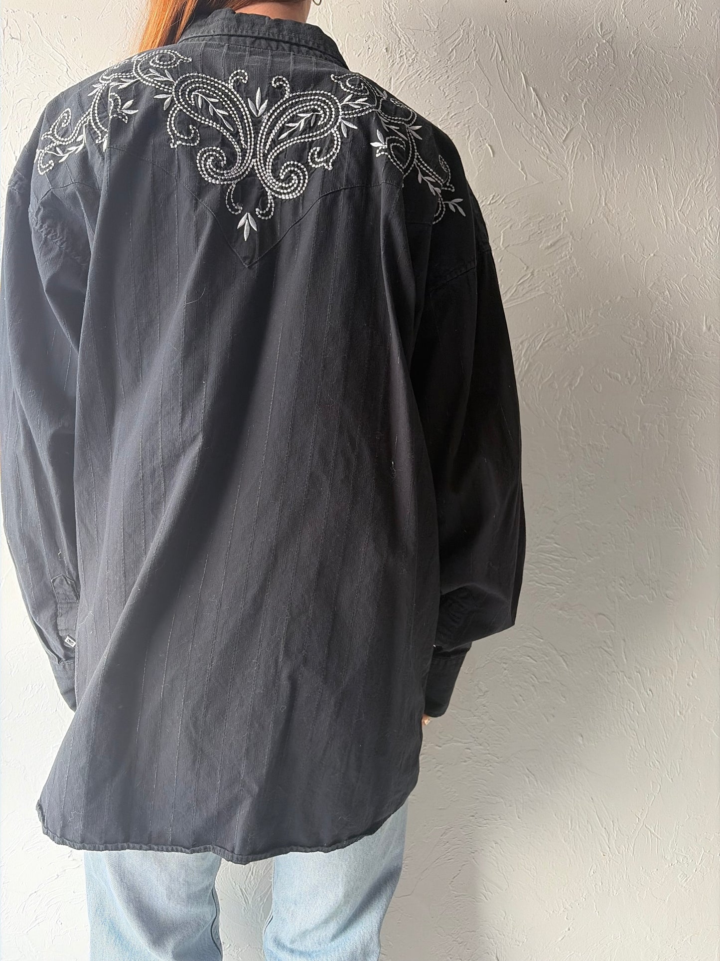 Y2k 'Parhandle' Black Embroidered Western Cowboy Workwear Snap Up Shirt / XL