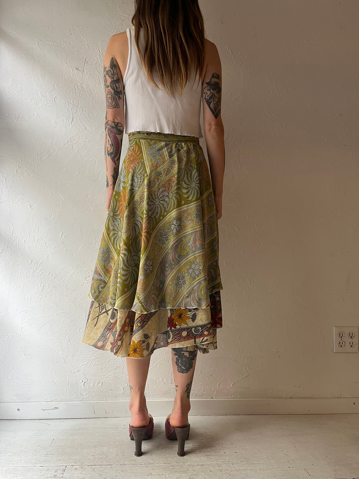 Vintage Y2k Green Floral Silk Hippie Boho Fairycore Wrap Summer Midi Skirt / Small - Medium
