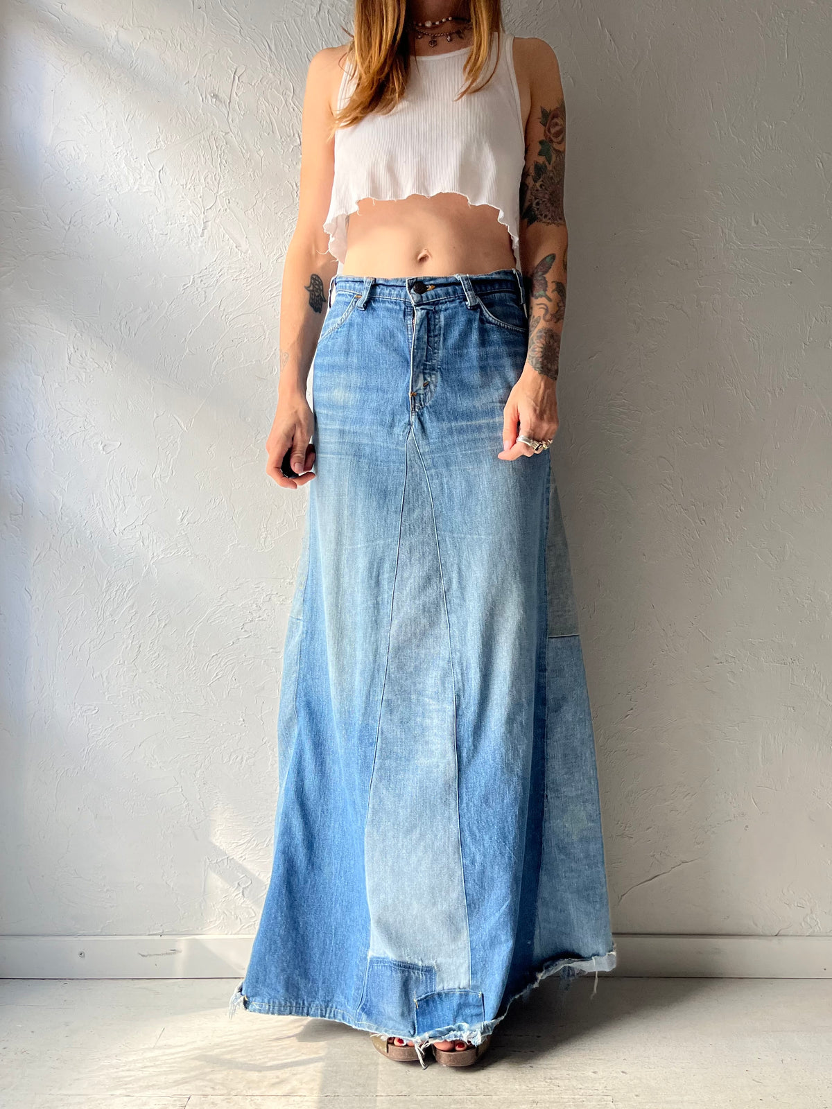 Vintage 'Levis' Patchwork Denim Maxi Skirt / Small