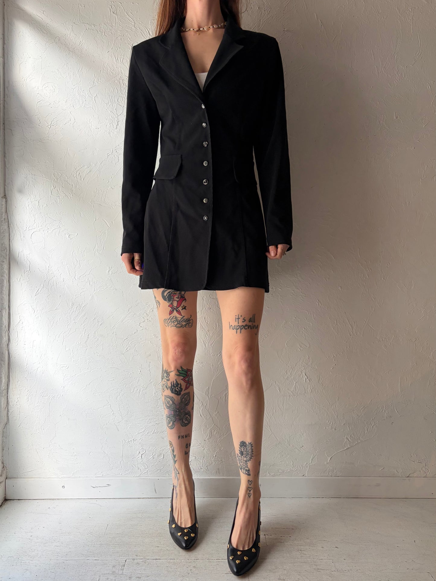 90s 'XOXO' Black Ribbed Knit Micro Mini Blazer Dress / Small