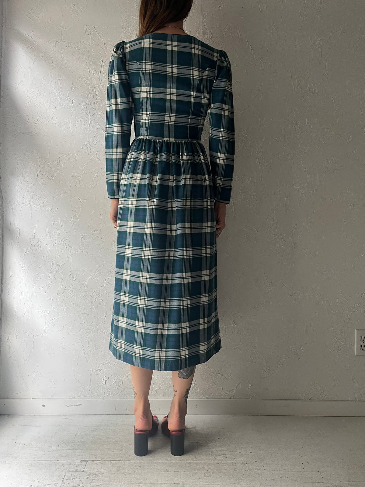 90s 'Laura Ashley' Blue & Green Plaid Academia Grungecore Fall Midi Dress / XSmall