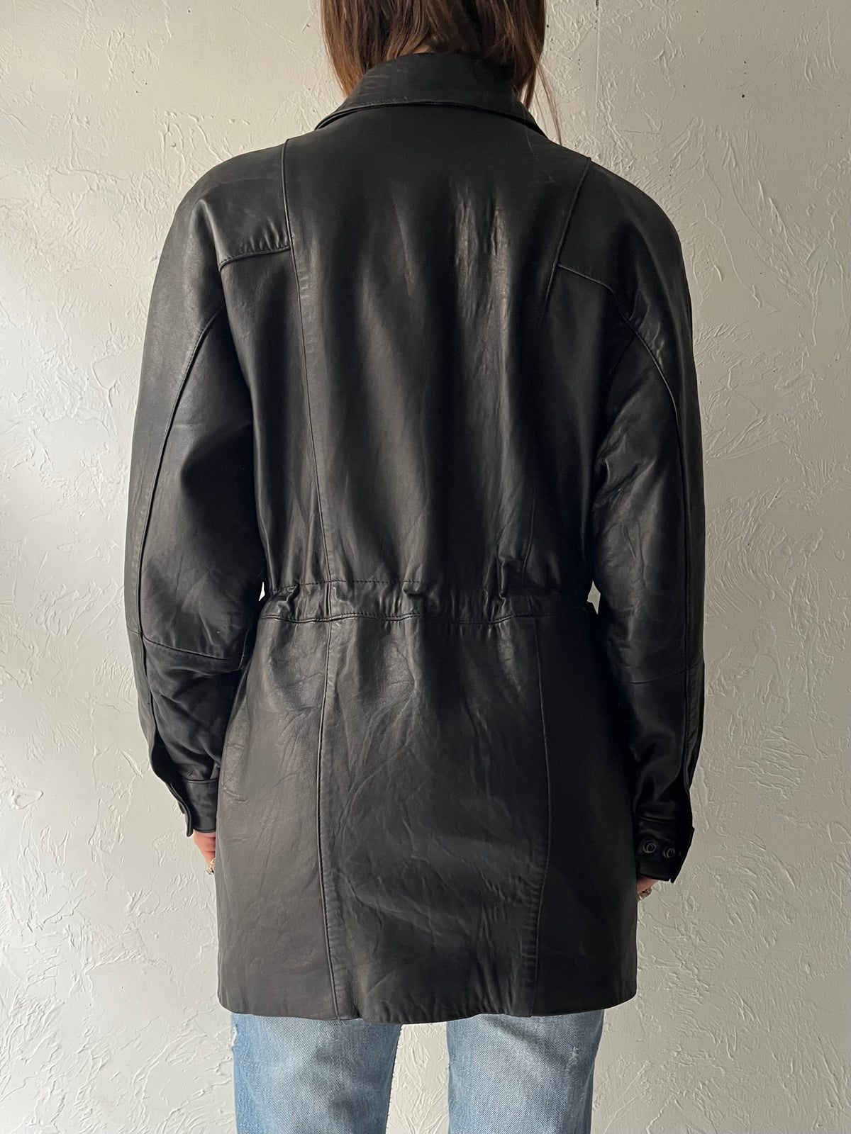 90s 'Danier' Drawstring Black Leather Jacket / XXS