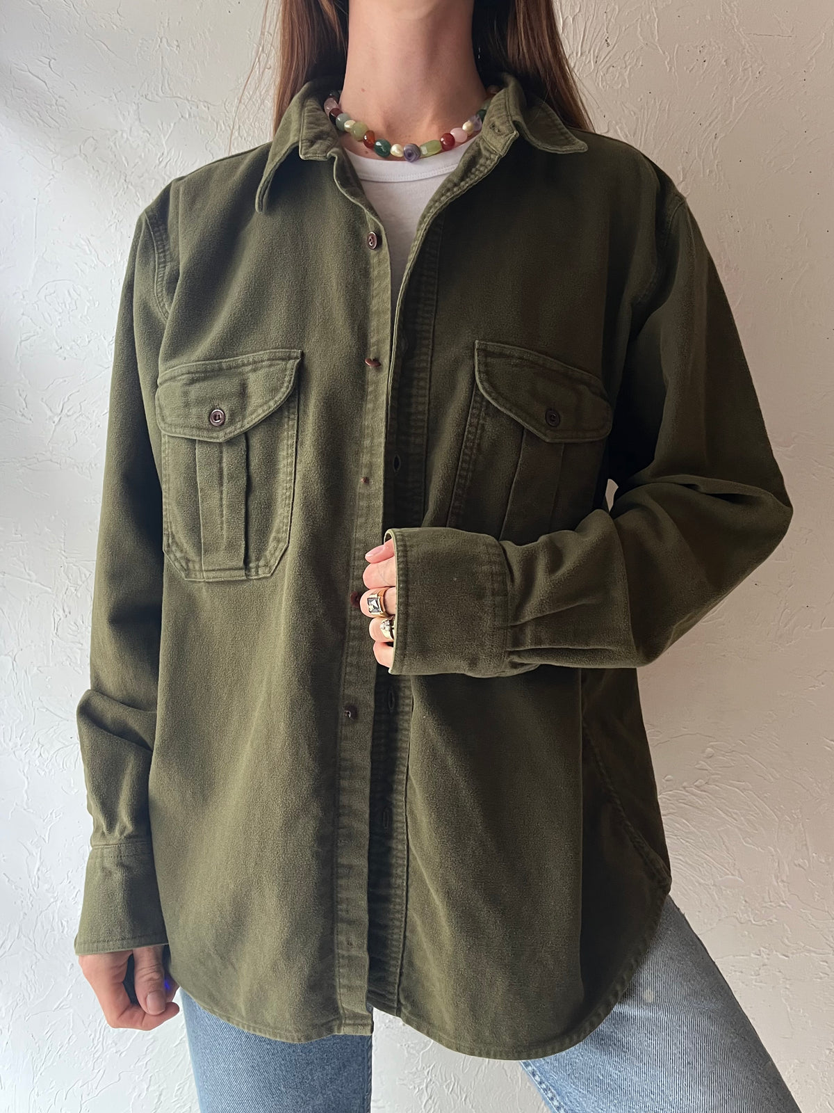 Y2k 'Filson' Army Green Minimalist Normcore Workwear Button Up Oxford Shirt / Large