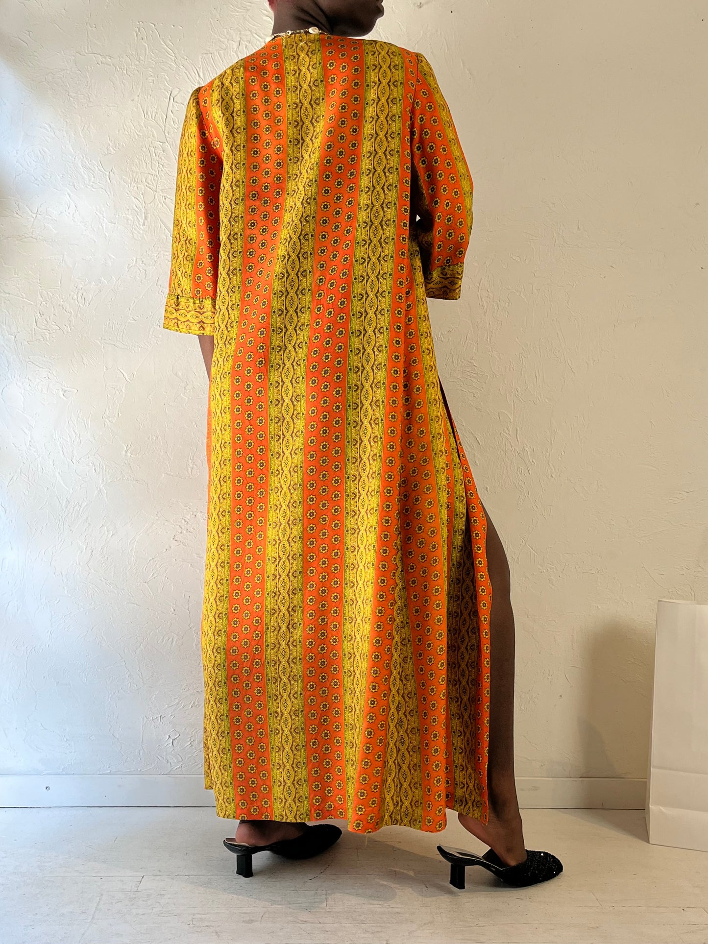 70s ‘Fifth Avenue Robes’ Orange Patterned Kaftan / Medium