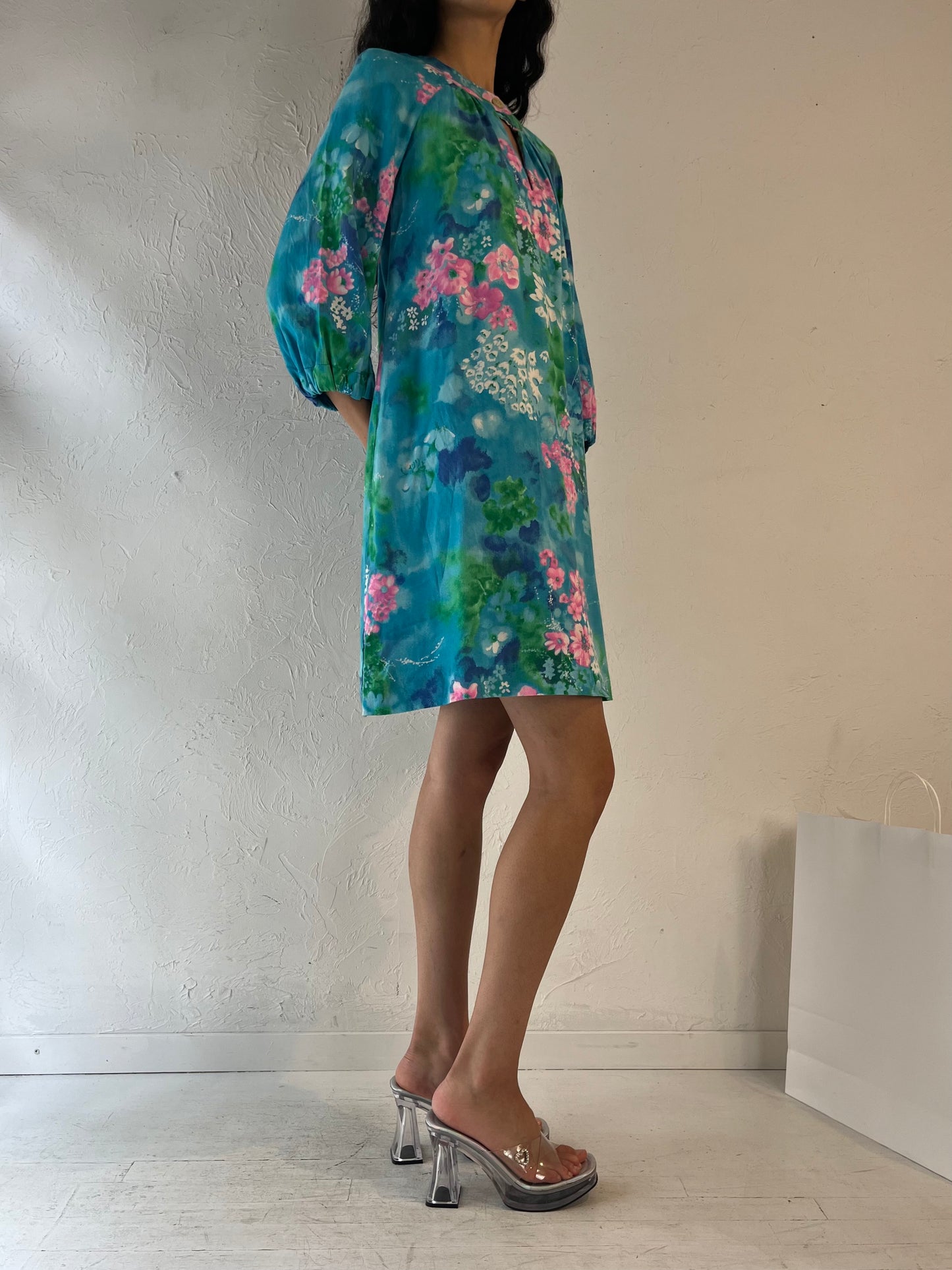 70s Handmade Blue Floral Shift Dress / Small