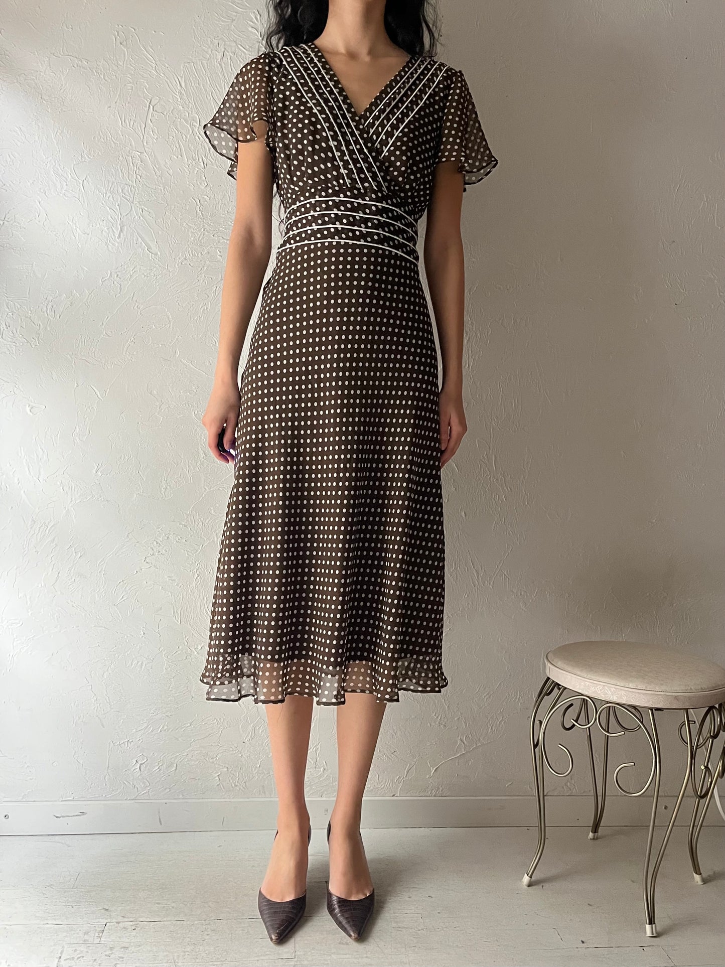 90s 'Karin Stevens' Brown Polka Dot Midi Dress / Medium