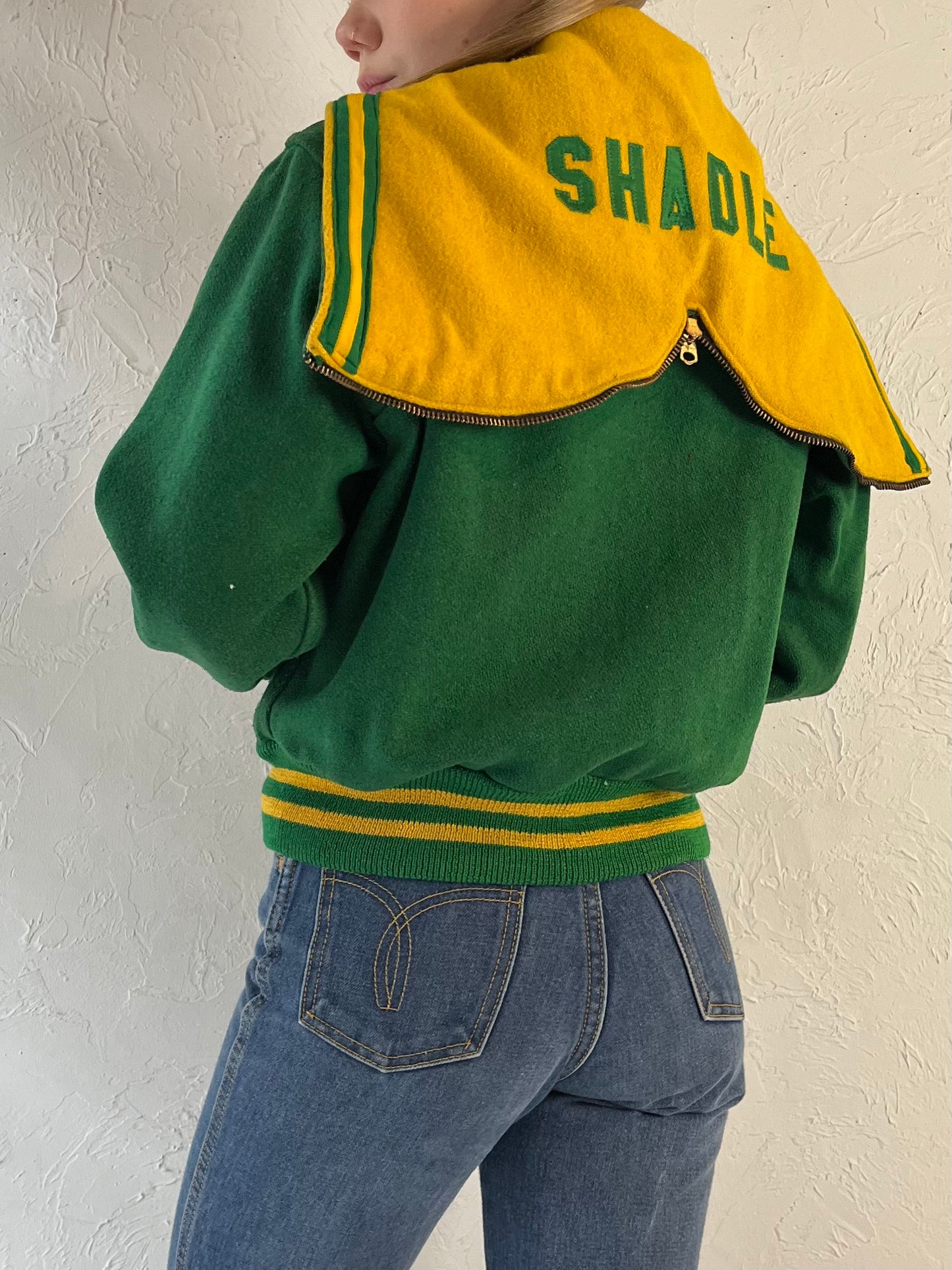 70s Youth Green Wool Varsity Jacket / Union Made / Small