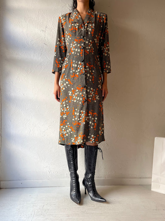 80s Collared Floral Dress / Medium