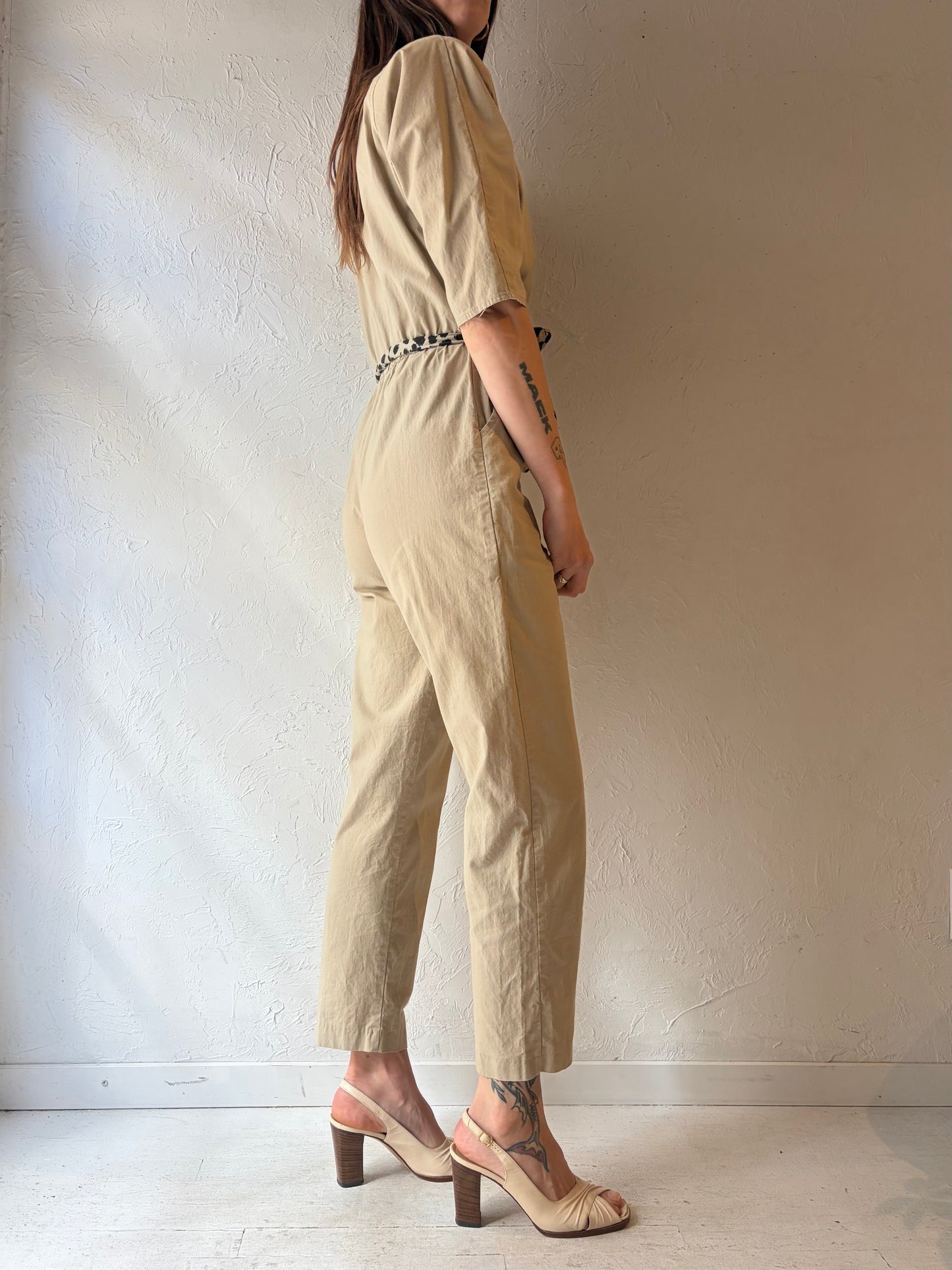 80s 'Honey's Fashion LTD' Beige Cotton Jump Suit / Vintage 1980s Retro One Piece / Small