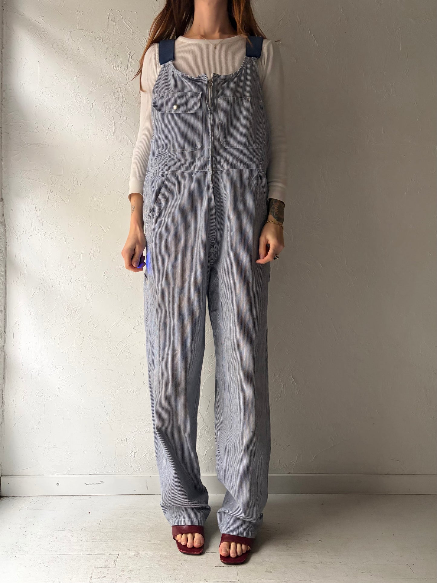 90s 'Champion' Pin Striped Denim Overalls / Vintage 1990s Cotton Workwear Coveralls /  Meidum