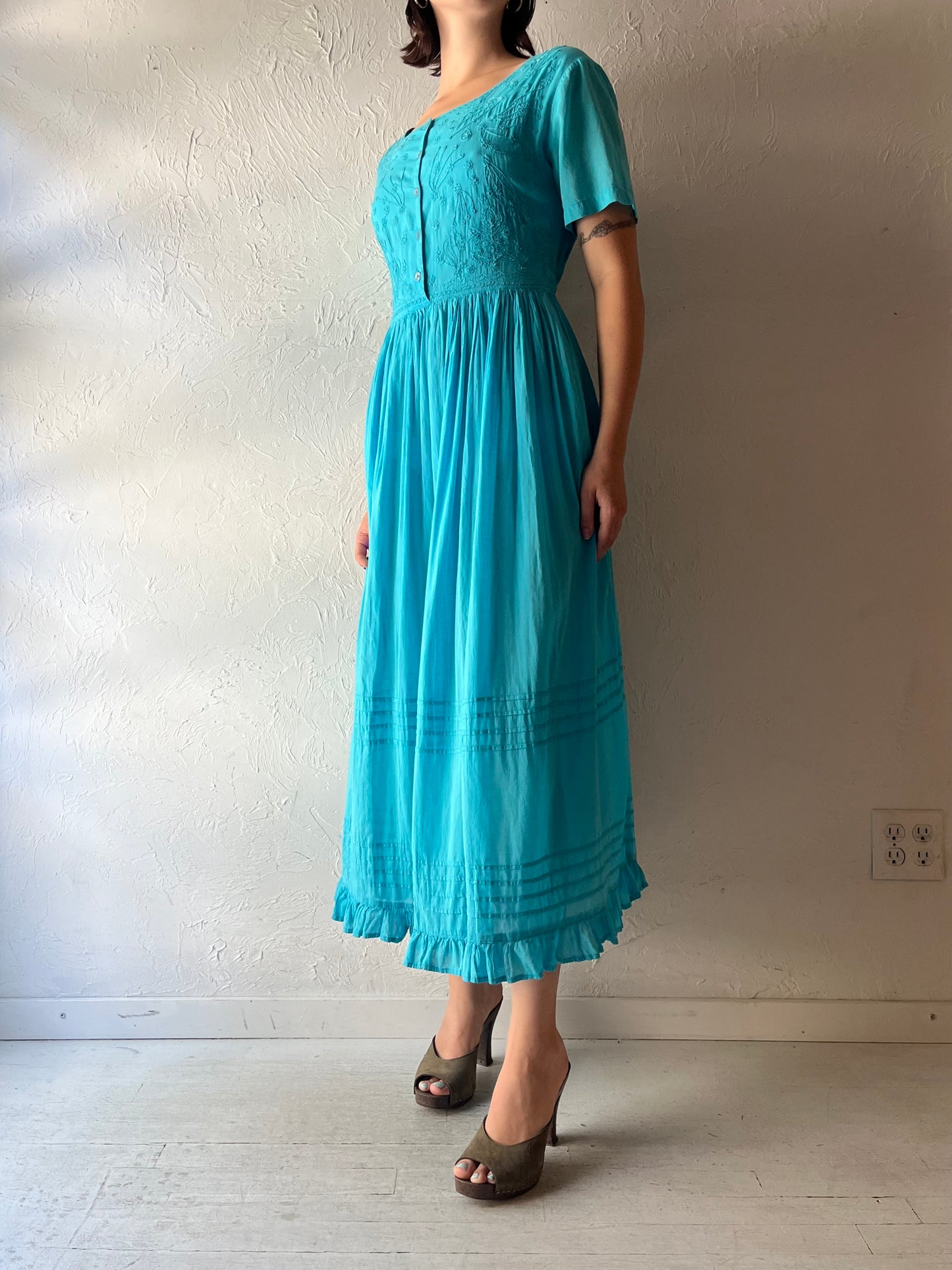 90s 'Victoria Holley' Blue Sundress / Embroidered Romantic Cottagecore Prairie Summer Dress / Small