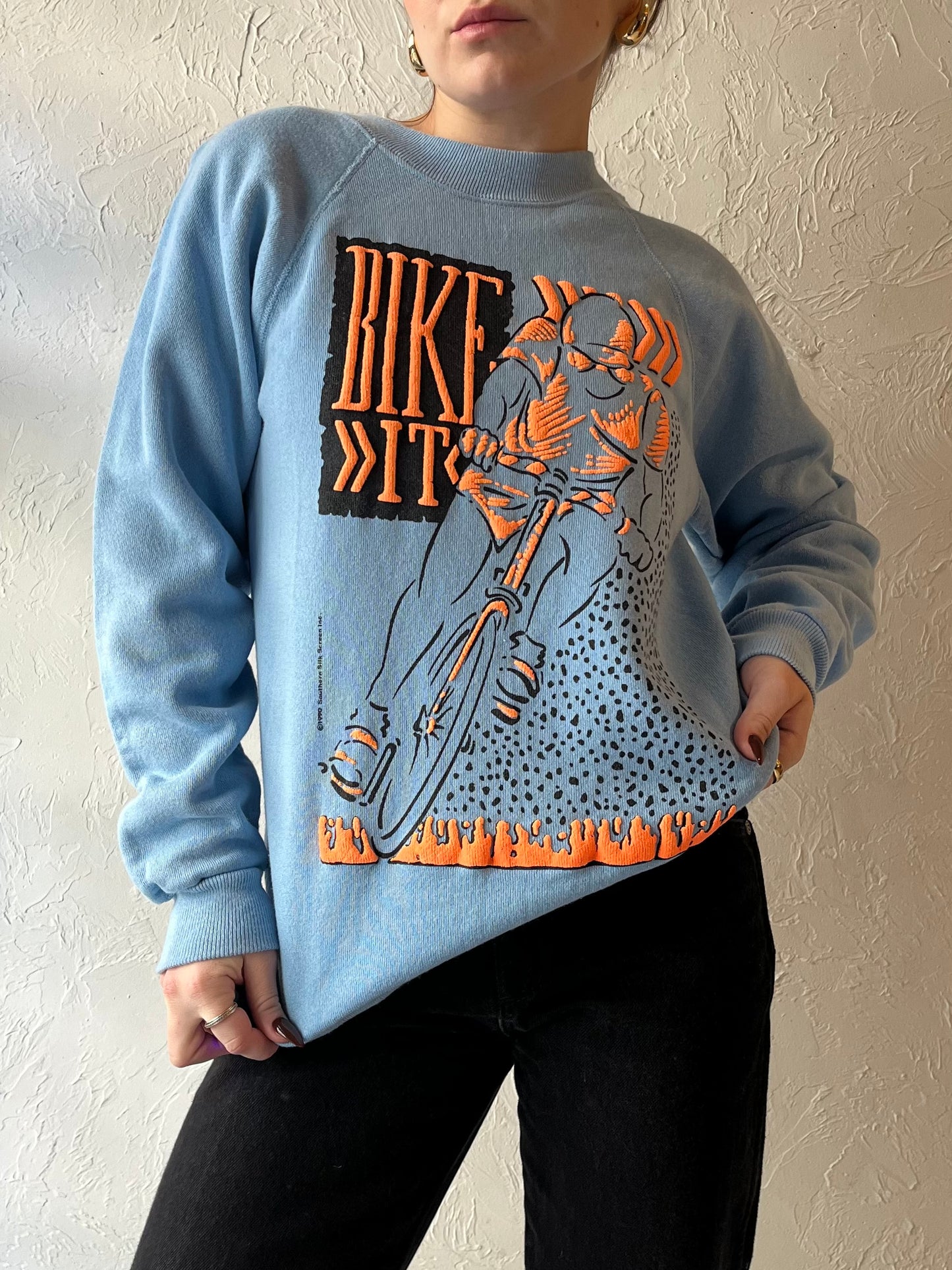 90s ‘Hanes’ Bike It Blue Crew Neck Sweatshirt / Medium