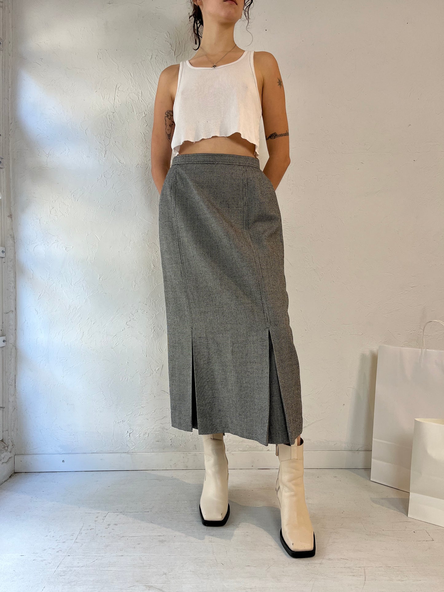 90s 'Club House' Herringbone Wool Midi Skirt / Medium