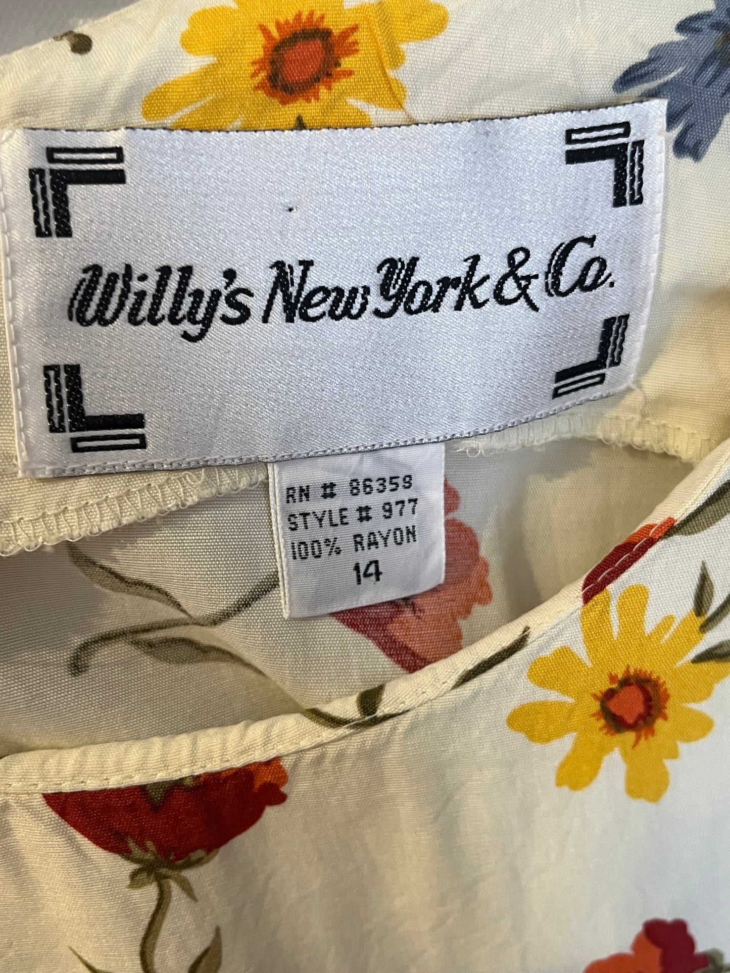 90s 'Willys New York' Pale Yellow Floral Midi Dress / Large