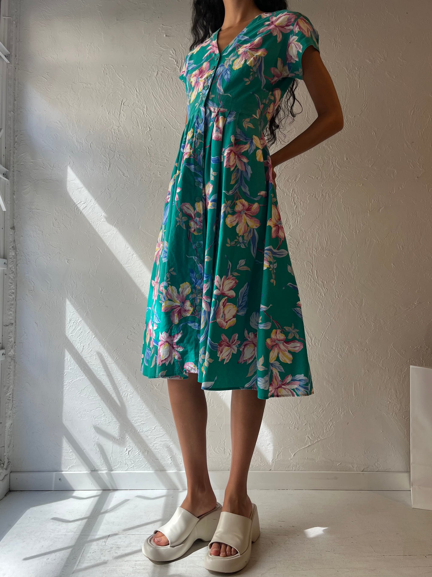 90s 'Carol Anderson' Blue Floral Cotton Midi Dress / Small