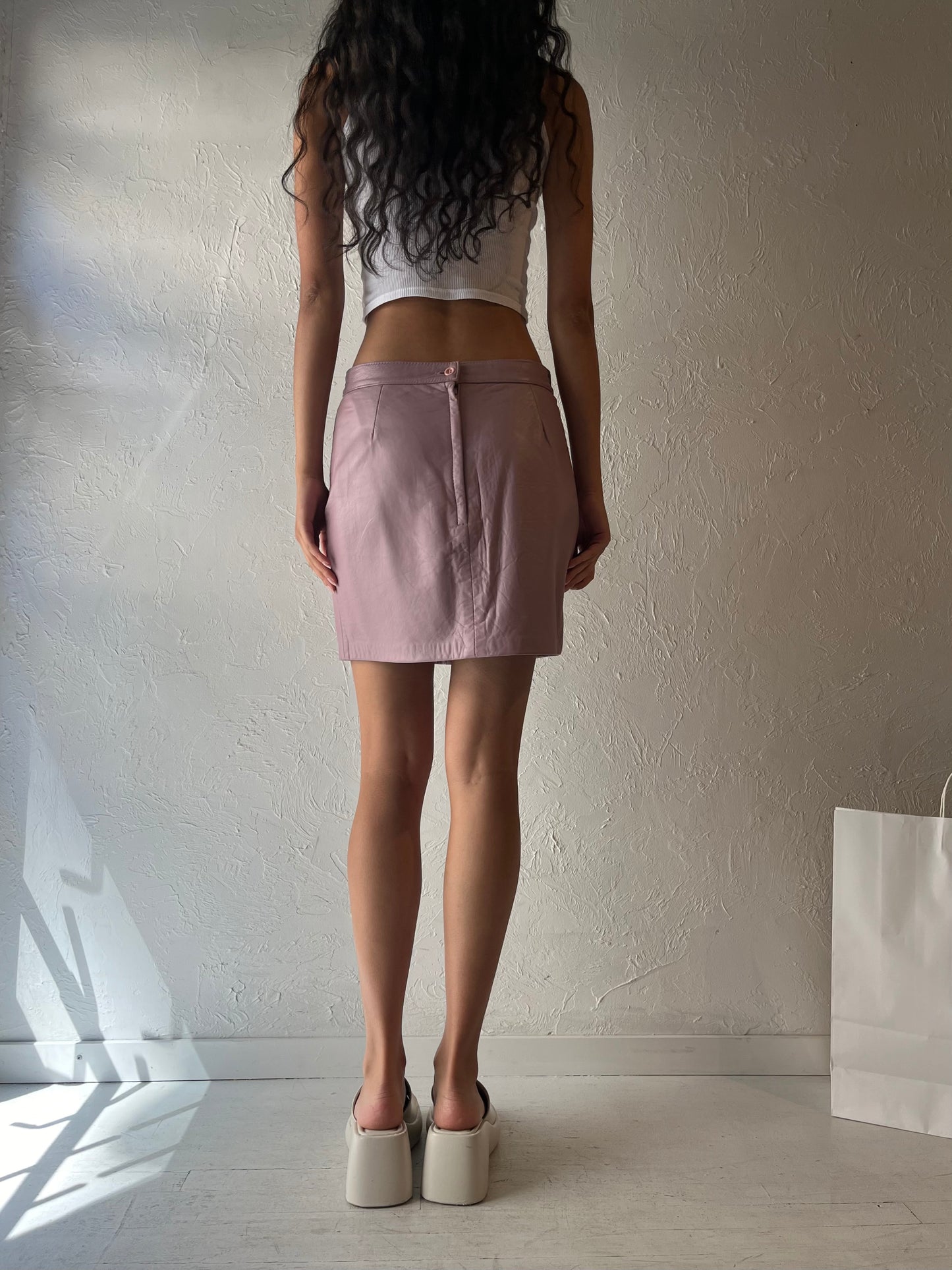 90s 'Mertelli' Pink Leather Mini Skirt / Small