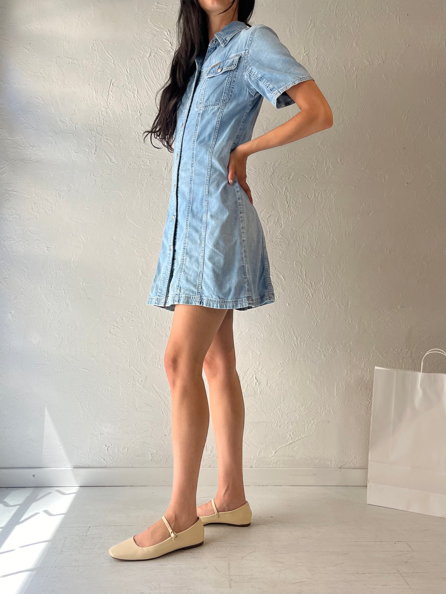 90s 'Calvin Klein' Button Up Denim Mini Dress / Medium