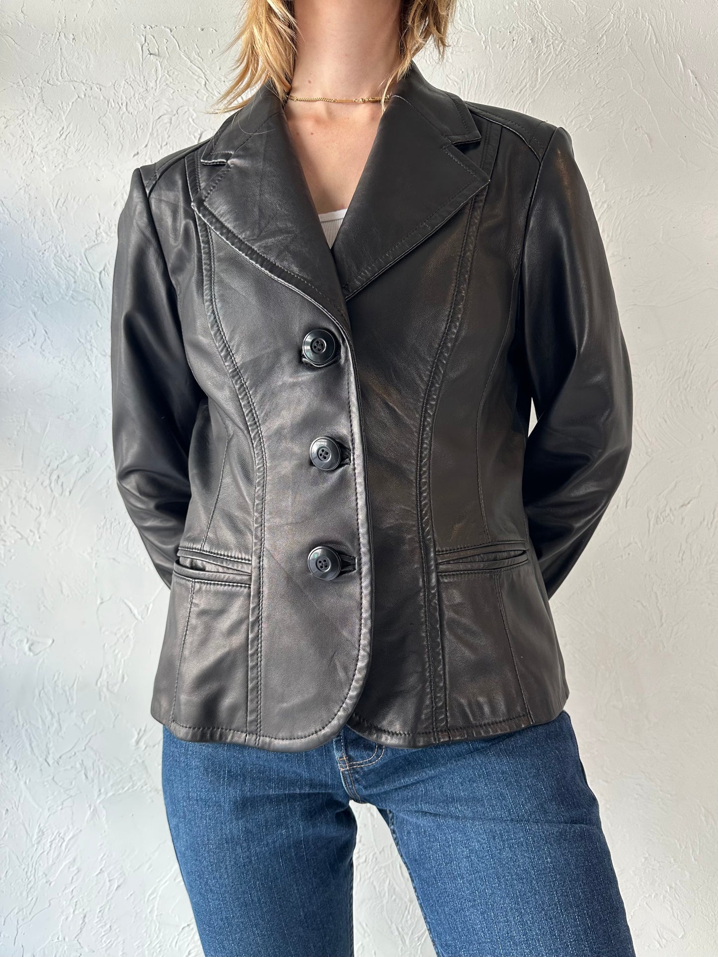 90s 'Danier' Black Leather Jacket / Large