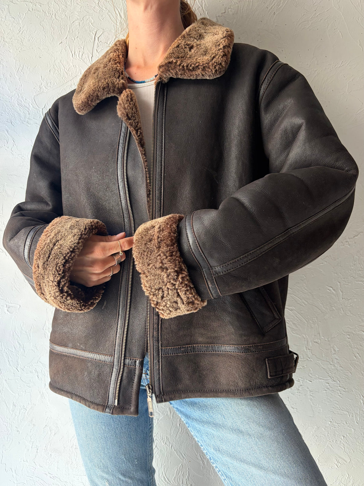 Y2k 'Danier' Brown Leather Shearing Lined Winter Jacket / Medium