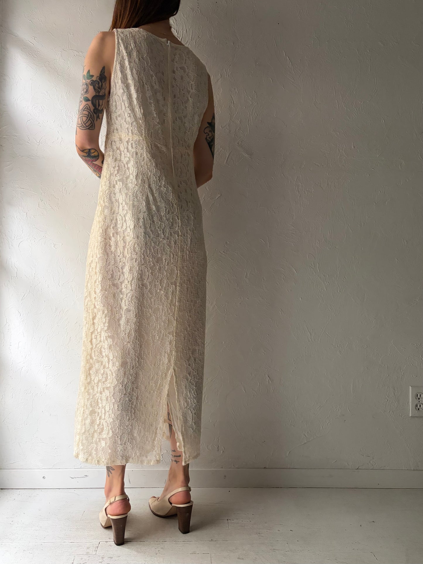90s 'Lauritz' White Romanic Lace Maxi Summer Dress / Vintage 1990s Minimalist Wedding Gown / Medium