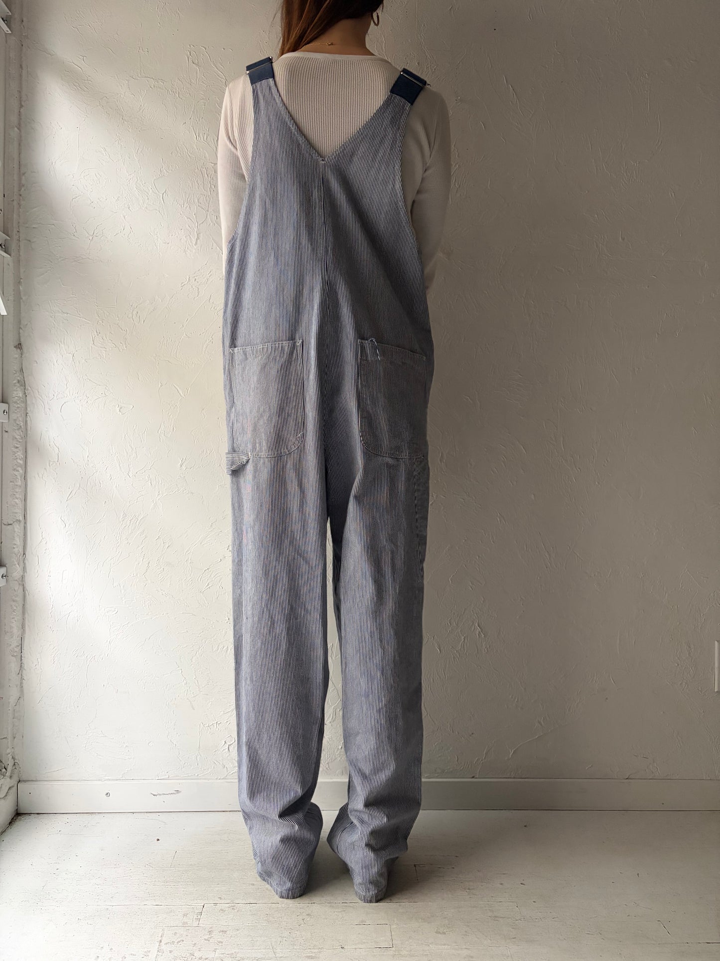 90s 'Champion' Pin Striped Denim Overalls / Vintage 1990s Cotton Workwear Coveralls /  Meidum