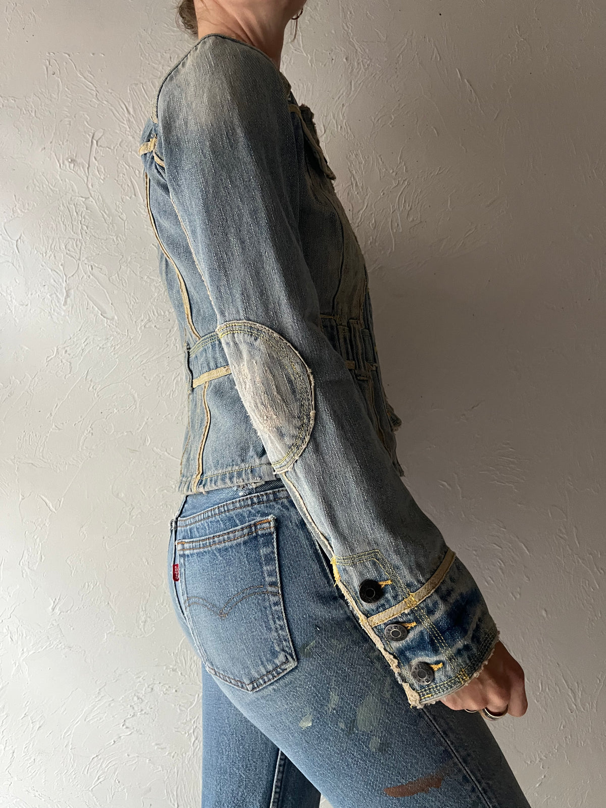 Y2k 'BB Dakota' Denim Edgy Grunge Cropped Fitted Contrast Stitch Moto Biker 2000s Streetwear Jean Jacket / XSmall