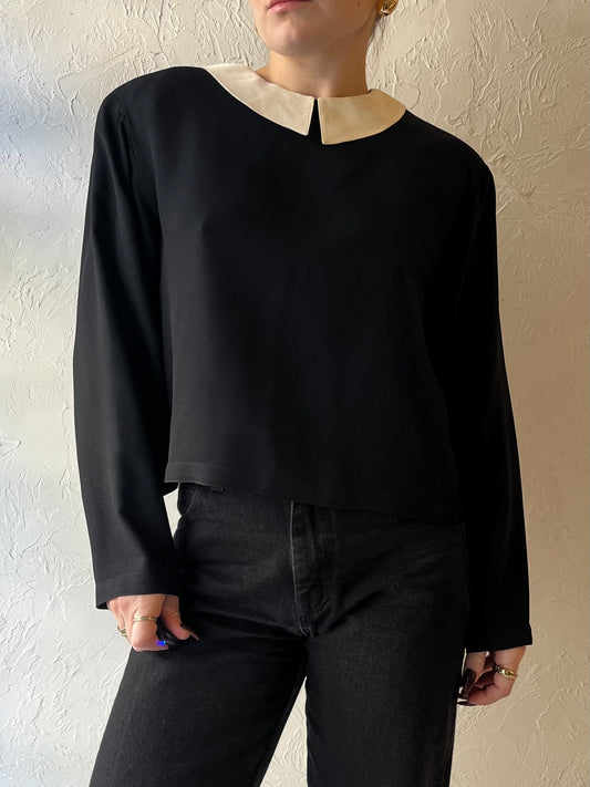 90s ‘Albert Nipon’ Black Collared Long Sleeve Blouse / Small