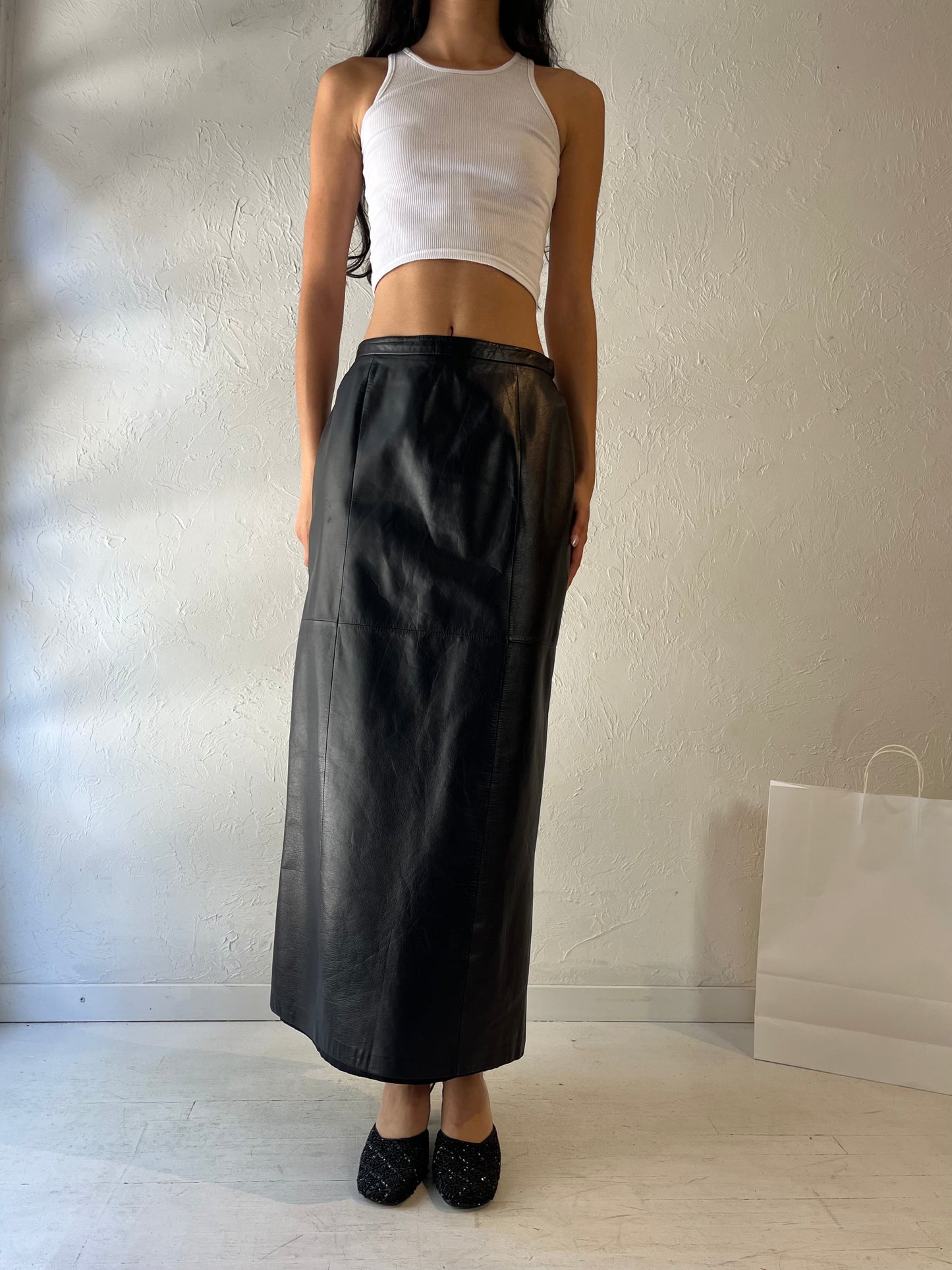 90s 'Danier' Long Black Leather Pencil Skirt / Small - Medium