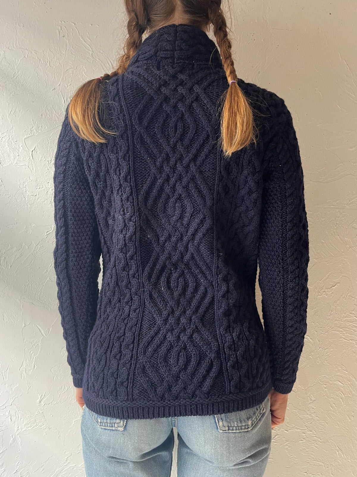 Y2k 'Aran Crafts' Navy Wool Cable Knit Gannycore Cottagecore High Neck Cardigan Sweater / Small