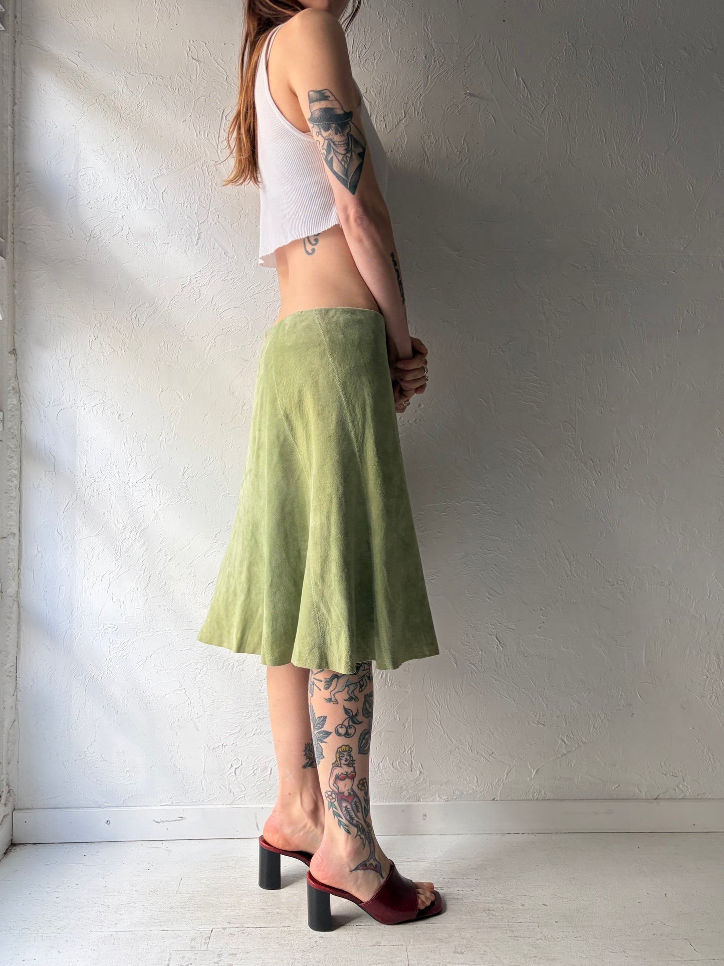 Y2k 'Wear Else' Green Suede Sprint Midi Skirt / Medium