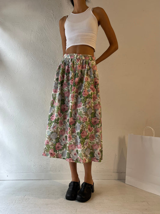 90s Pastel Floral Print Midi Skirt / Small