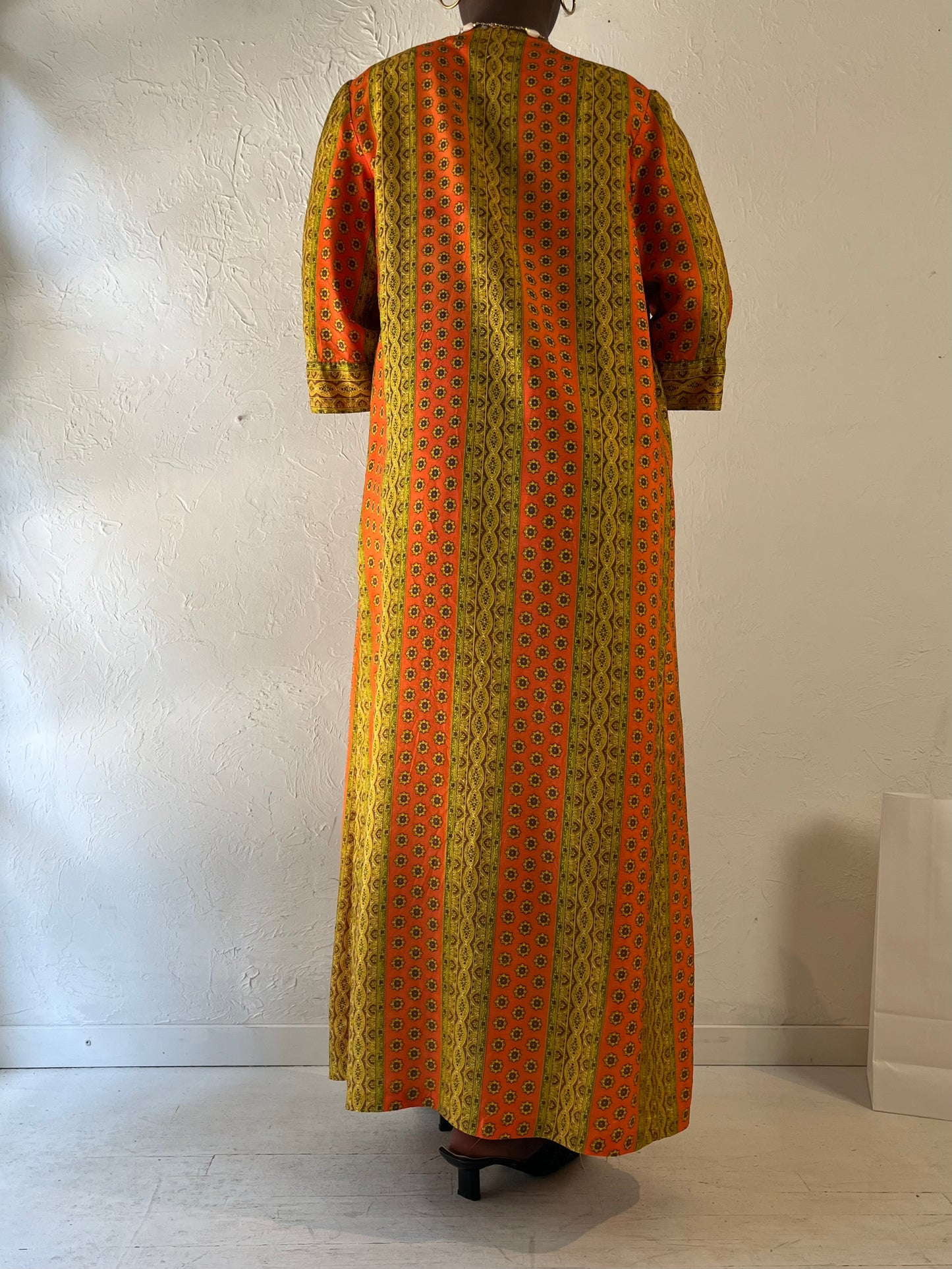 70s ‘Fifth Avenue Robes’ Orange Patterned Kaftan / Medium