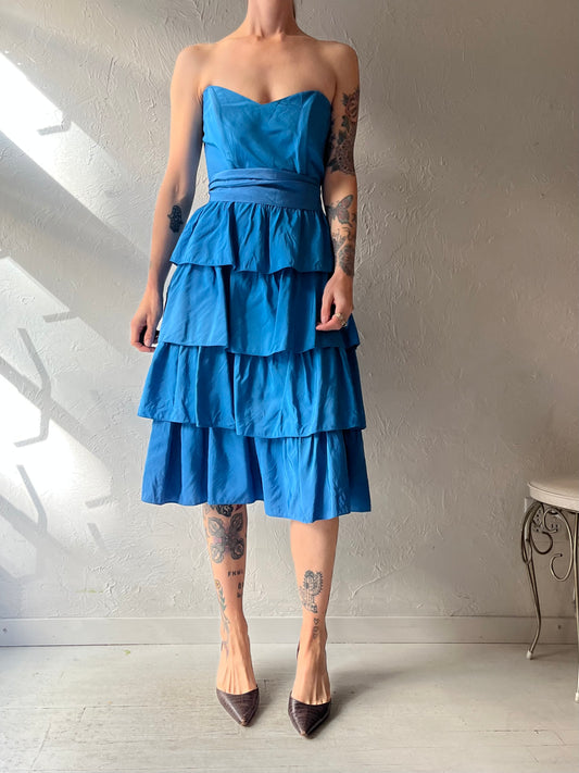 80s 'Memories' Blue Strapless Midi Dress / Small