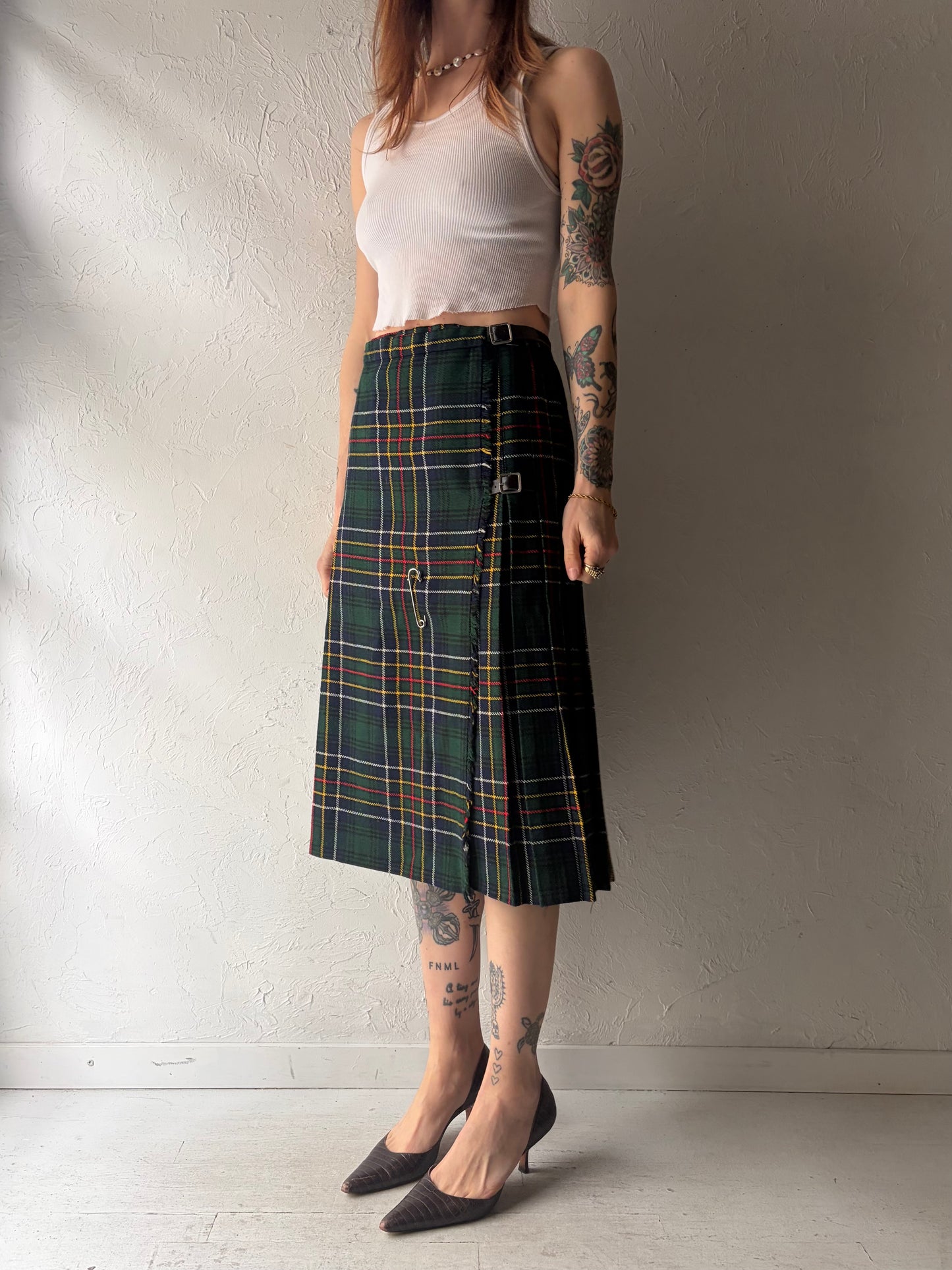 80s 'Julius' Green Plaid Pleated Preppy Academia Midi Skirt / Small
