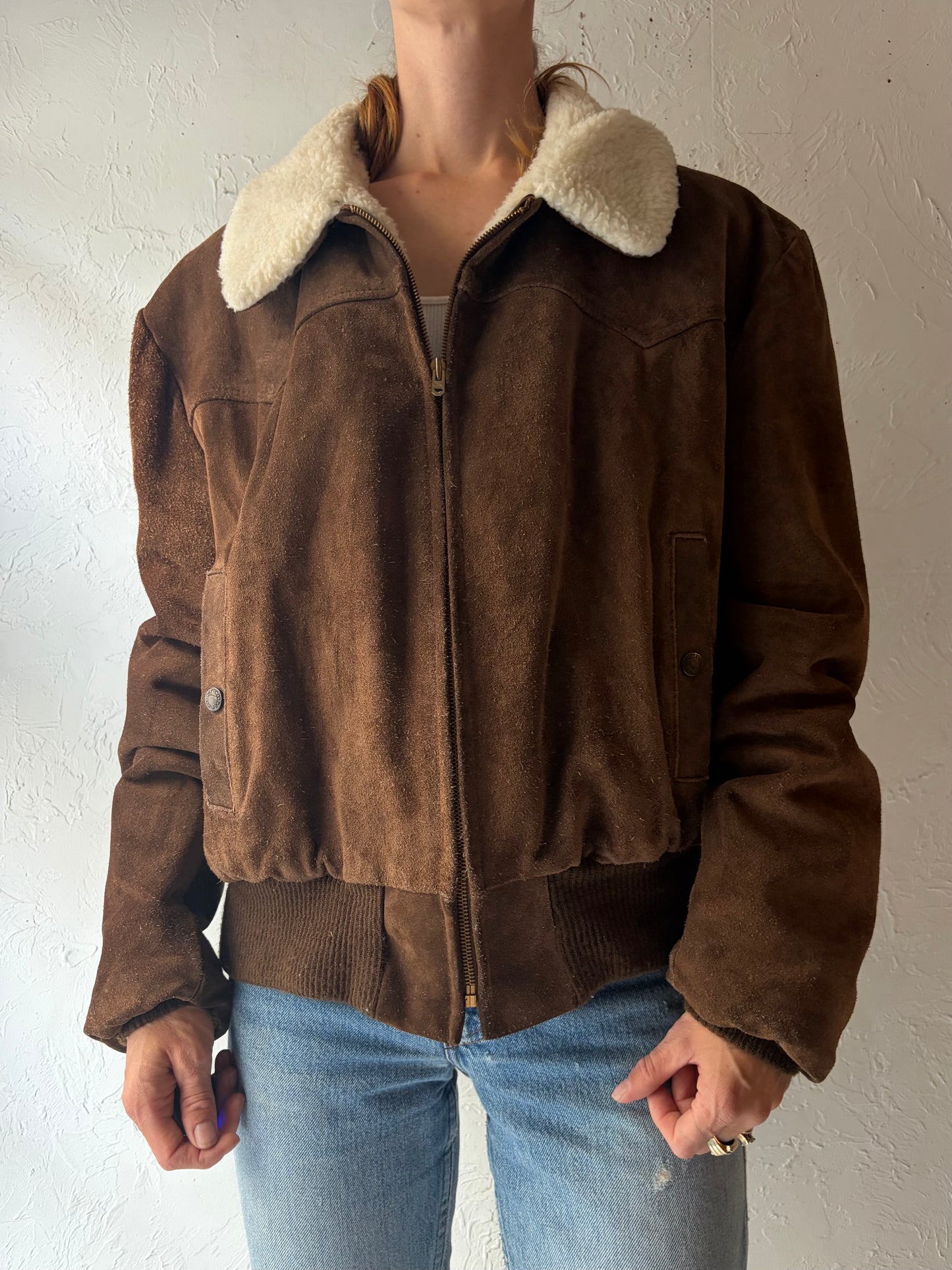 90s 'Cooper' Brown Suede Leather Flight Bomber Jacket / XL