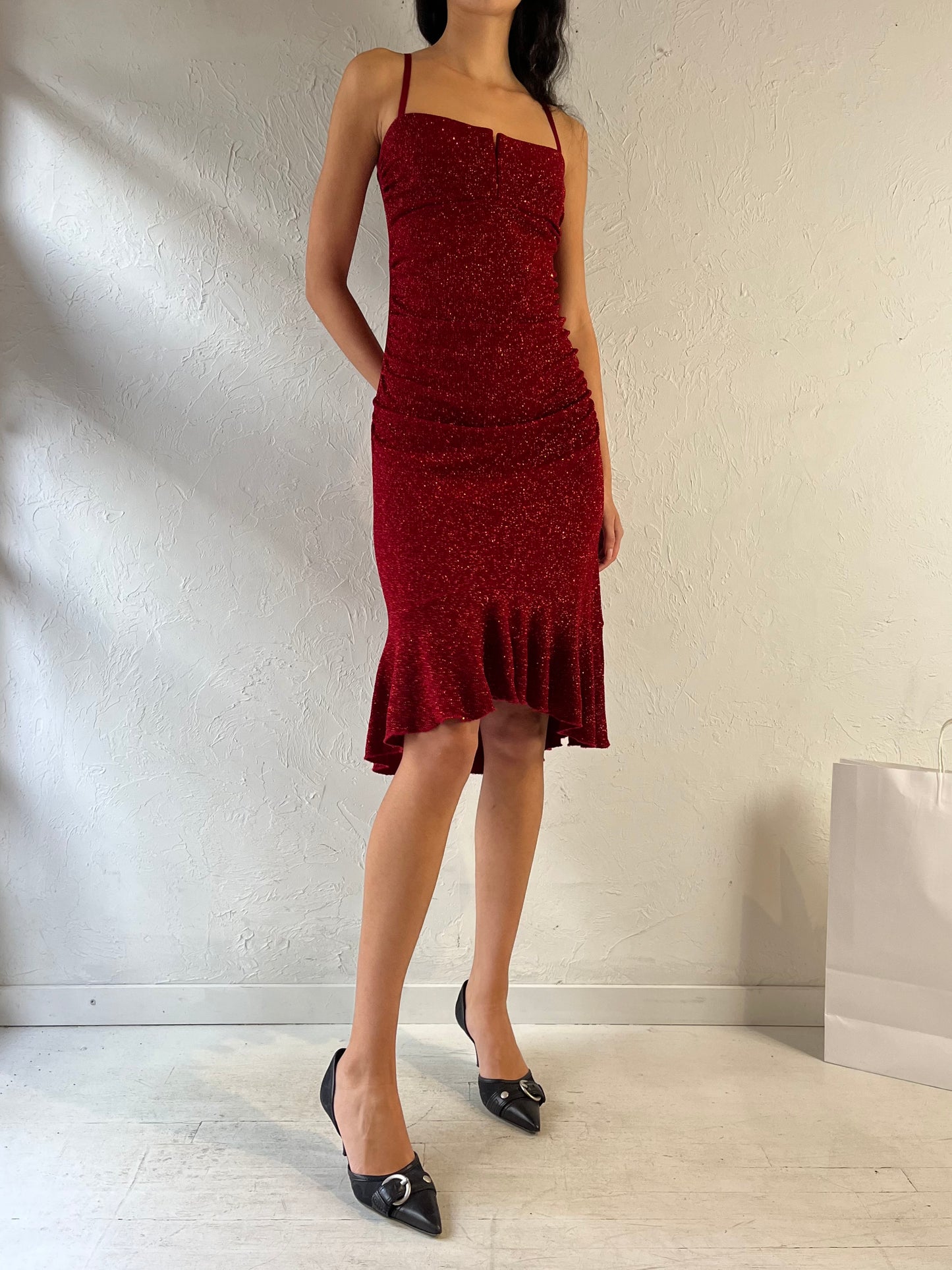 90s ‘Le Chateau’ Red Sparkly Evening Dress / Small - Medium