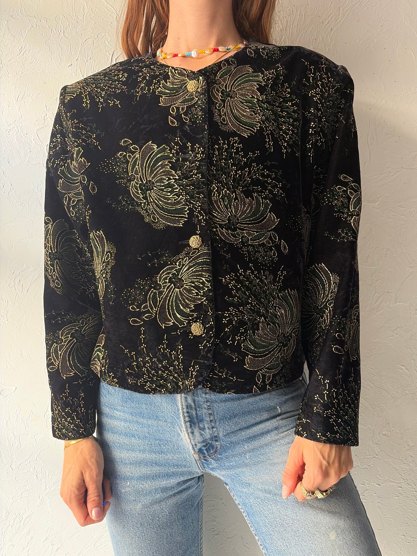 90s ‘Alia’ Floral Embossed Retro Cropped Velvet Blazer Jacket / Large
