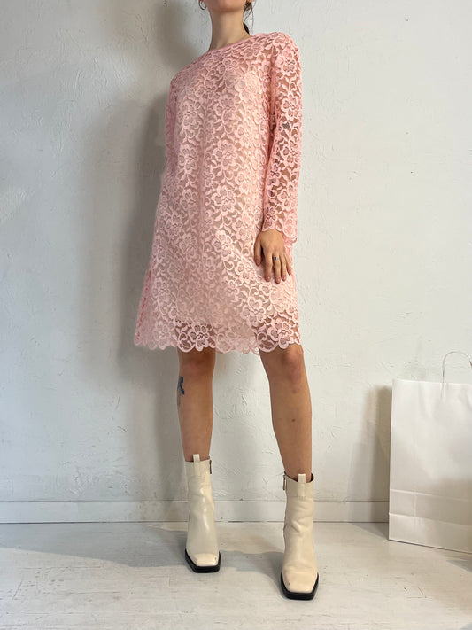 Vintage Pink Sheer Lace Shift Dress / Large