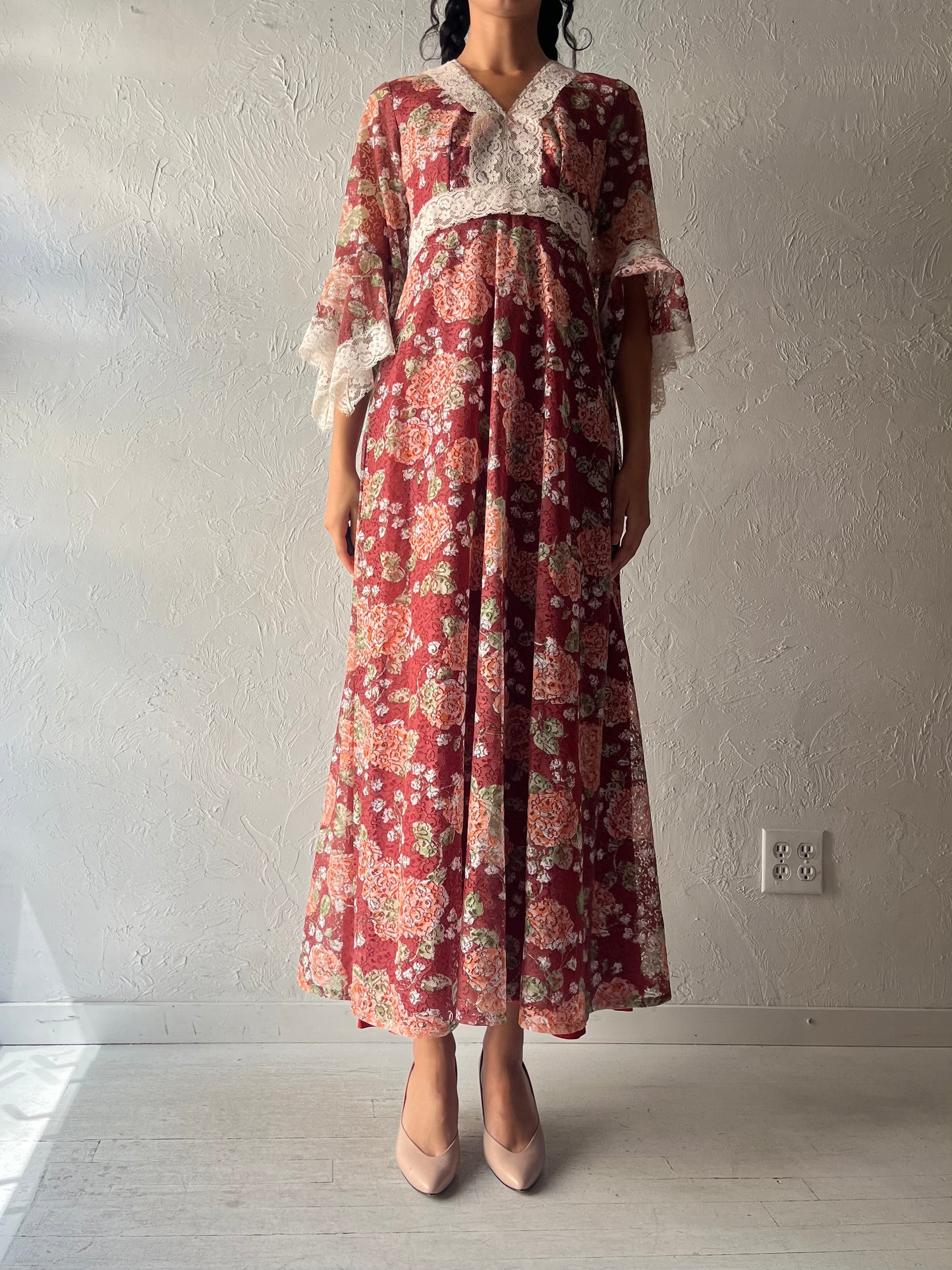70s Burgundy Floral Lace Peasant Dress / Small