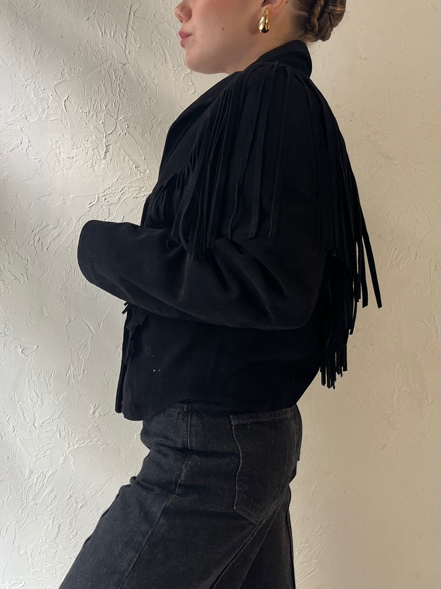 80s 'Genuine Leather' Black Suede Fringe Jacket / Medium