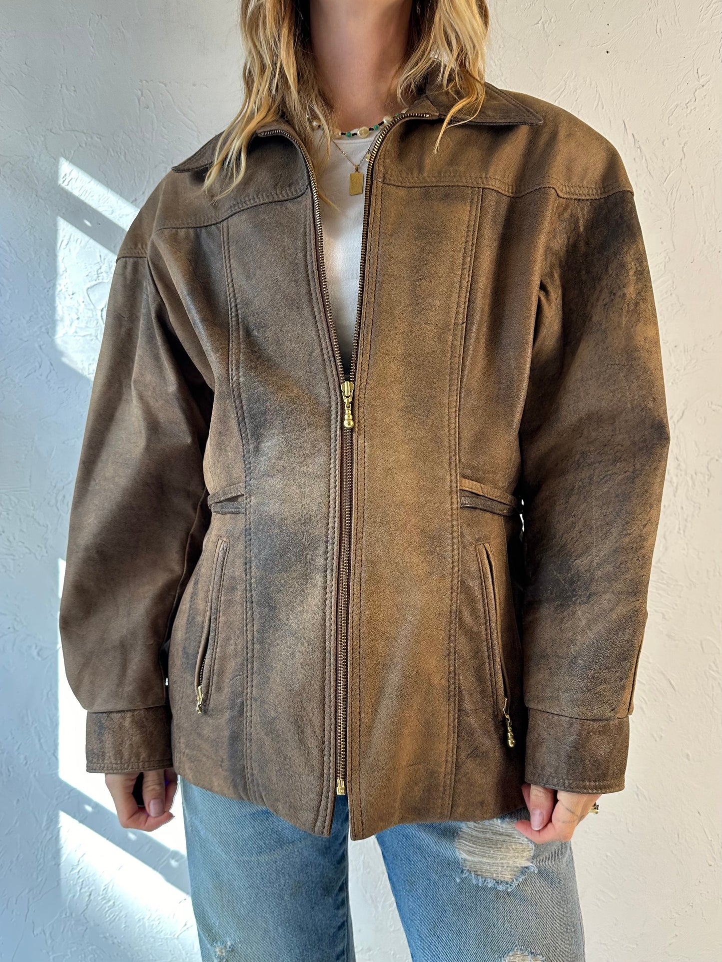 90s 'Leather Ranch' Brown Leather Jacket / Medium