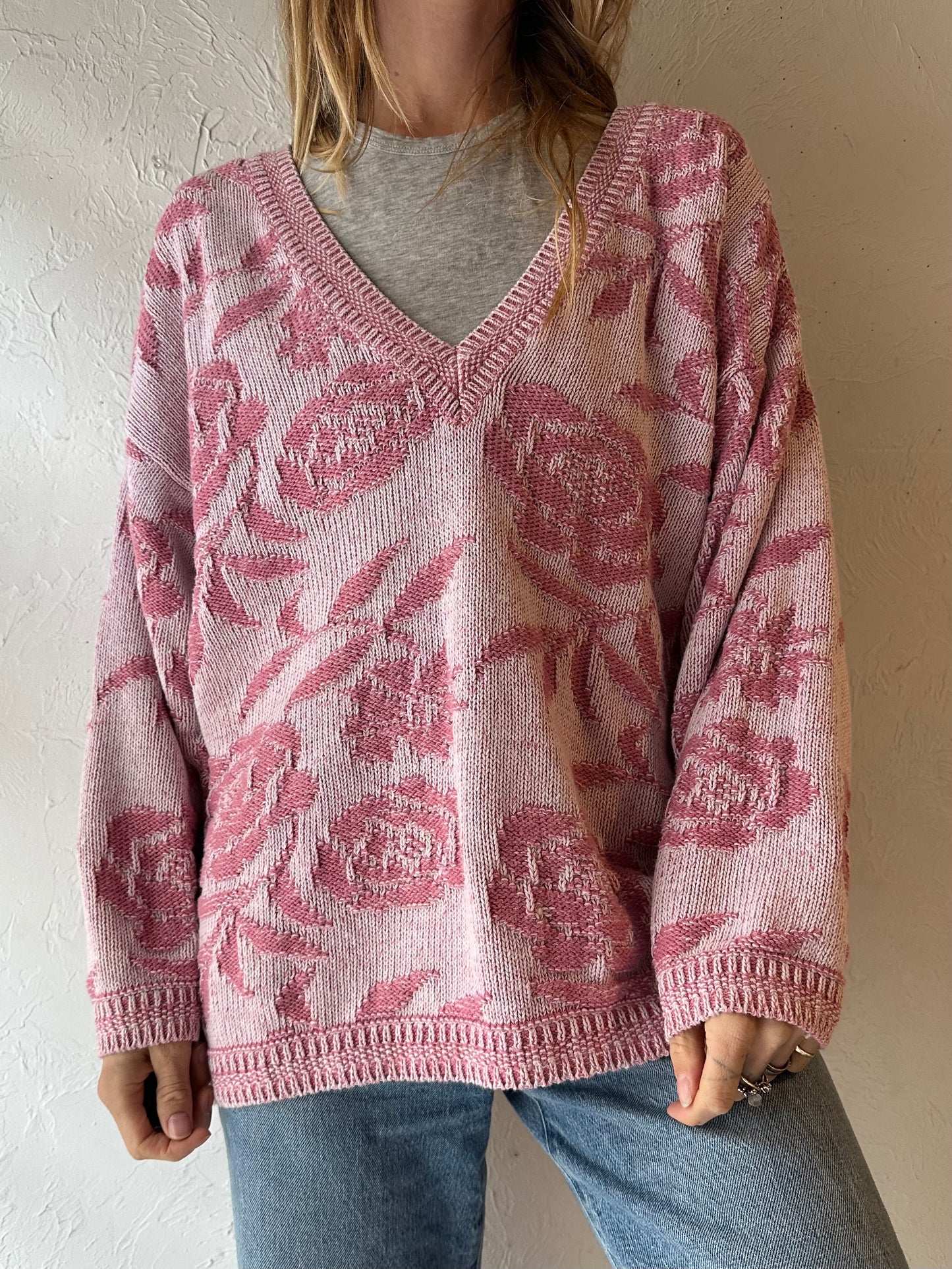 90s ‘Paris Sport Club’ Pink Floral Sweater / Medium