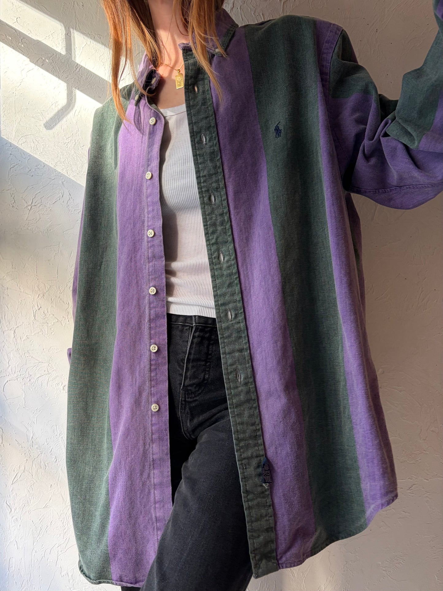 90s 'Ralph Lauren' Striped Button Up Shirt / Large