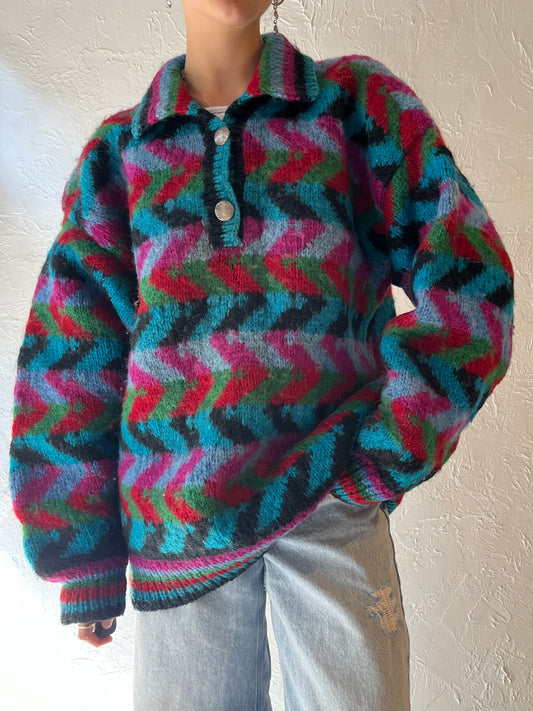 Vintage Hand Knit Rainbow Chunky Wool Sweater / XL