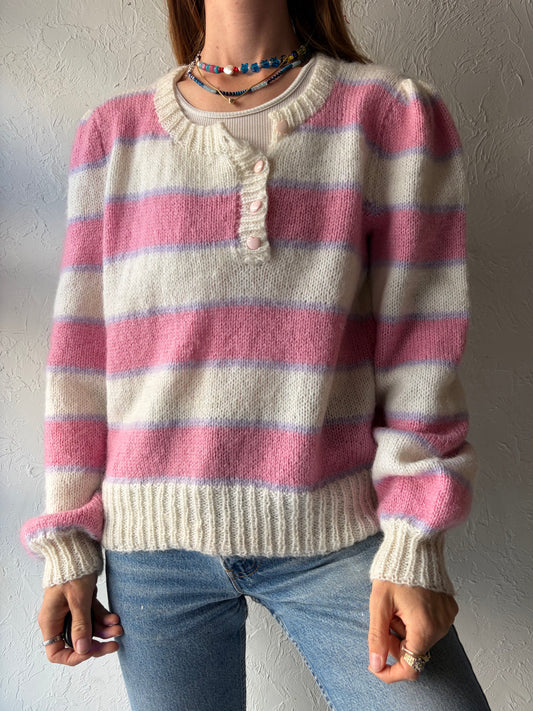 Vintage Hand Knit Striped Wool Henley Sweater / Medium